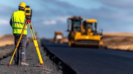 Construction worker using a surveyor's instrument on a road project with machinery working in the background