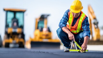 Construction worker measuring asphalt on a road with machinery in the background under clear sky