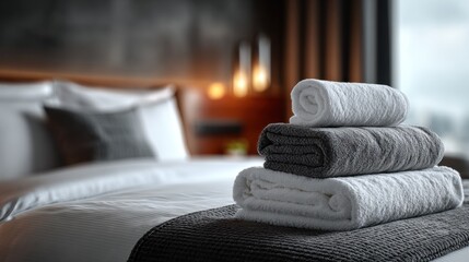 Stack of folded white and gray towels on a cozy hotel bed in soft warm light creating a sense of cleanliness comfort and hospitality ideal for wellness or spa advertising visuals