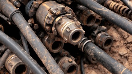 Close-up of rusty industrial pipes and fittings entangled in dirt, showcasing construction equipment details