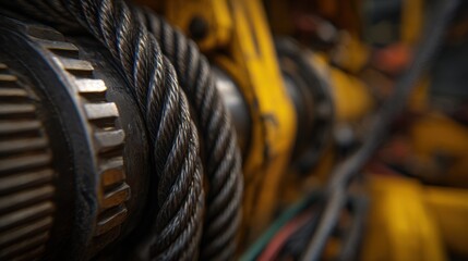 Close-up of industrial machinery showcasing gears and cables, highlighting mechanical intricacies