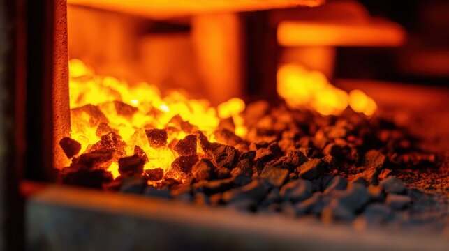 Glowing embers in a forge, showcasing the intense heat and craftsmanship of metalworking