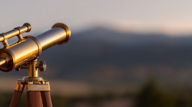 A vintage telescope positioned on a wooden tripod, overlooking a serene mountainous landscape at dusk