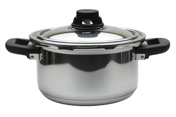 Stainless steel pressure cooker with lid and black handles for efficient and healthy home cooking use on transparent background