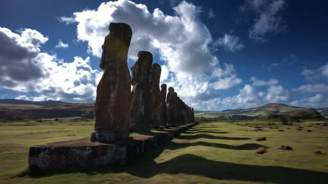 Dramatic view of ancient monolithic stone statues aligned in a remote grassy landscape under a vast cloudy blue sky, casting long shadows.