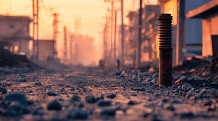Urban construction site at sunset with a focus on a rusty bolt amidst gravel and distant buildings