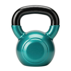 A vibrant teal colored kettlebell with a black handle stands ready for a rigorous strength training workout session isolated on transparent background