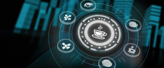 Coffee Concept: A futuristic design displaying a coffee concept with glowing icons, representing coffee process, with the city background.