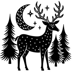 Stylized black deer with antlers moon and stars in a forest scene isolated on white background