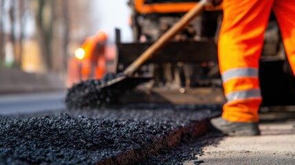 Construction worker in bright orange gear spreading asphalt on a road with machinery in the background