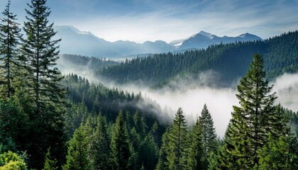 Obraz premium the landscape of features misty forest mountains with pine trees exemplifying the beauty of nature outdoors