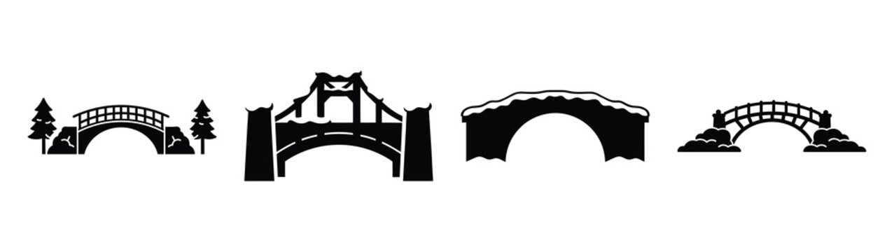 snow covered bridge silhouette vector icons collection isolated on white background.Christmas Vector Icon Set.