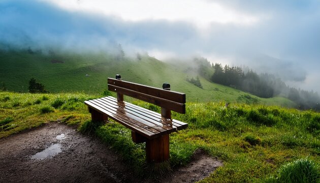 rain slicked wooden bench atop a misty hill - Powered by Adobe