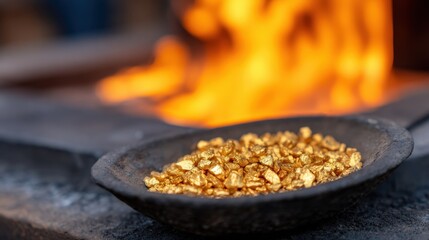 Glimmering gold nuggets in a bowl near a roaring forge, depicting the art of metalworking and craftsmanship