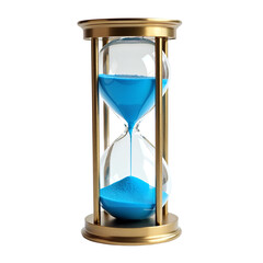 Golden hourglass with flowing blue sand isolated on a transparent background sand timer