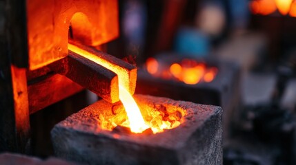 Molten metal being poured from a furnace into a mold at a foundry, showcasing the intense heat and craftsmanship