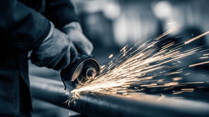 Close-up of a worker using a grinding tool on metal, sparks flying in a workshop environment