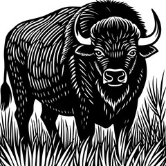 Black and white illustration of a majestic bison standing in tall grass isolated on white background © Rashedul Haque Sakib