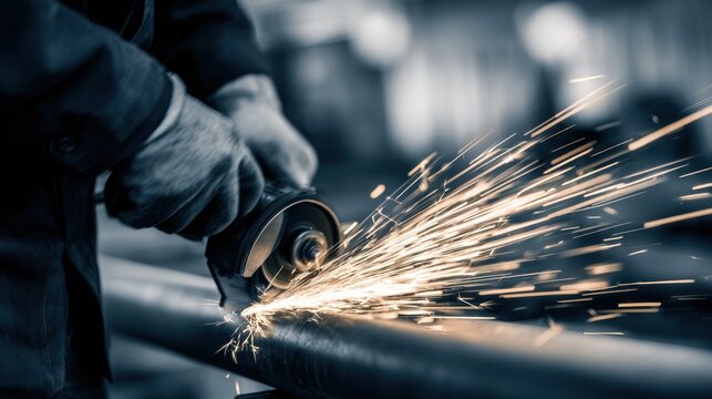 Close-up of a worker using a grinding tool on metal, sparks flying in a workshop environment - Powered by Adobe