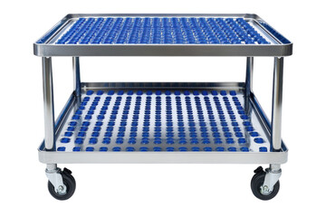 Stainless steel utility cart with blue inserts for organization and transport in commercial environments on transparent background