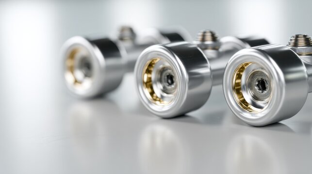 Close-up of metallic components showcasing precision engineering on a smooth surface, ideal for technology use