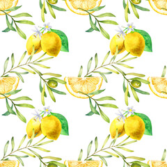 Hand drawn watercolor seamless pattern of lemons with olive branches and green olives isolated on a white background.