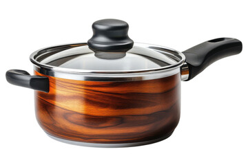Stylish woodgrain saucepan with glass lid and ergonomic handle for modern kitchen cooking on transparent background
