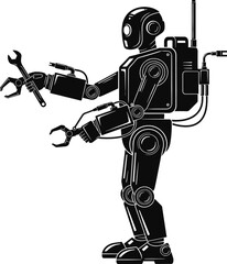 Black silhouette of a robot with a wrench and gripper, robot, android, cyborg, humanoid robot, mechanical man, artificial intelligence, ai, technology, futuristic, science fiction, sci fi, automation,