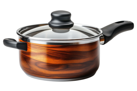 Stylish woodgrain saucepan with glass lid and ergonomic handle for modern kitchen cooking on transparent background