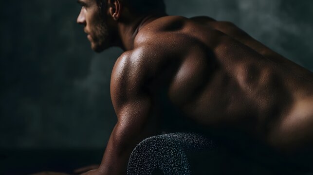 Muscular Man Uses Foam Roller for Back Muscle Recovery and Pain Relief