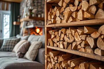 Stylish room interior featuring a shelving unit with neatly stacked firewood and a cozy sofa for ultimate comfort and relaxation   