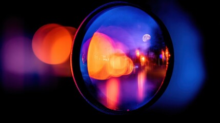 Colorful bokeh reflections captured through a lens at night, showcasing vibrant city lights and a moon