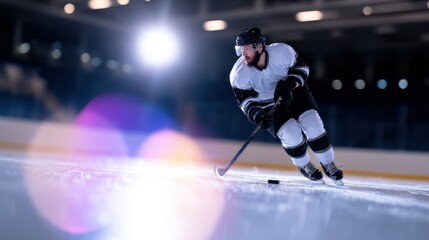 Obraz premium Ice hockey player skillfully skating on rink, puck in motion, arena lights shining in background