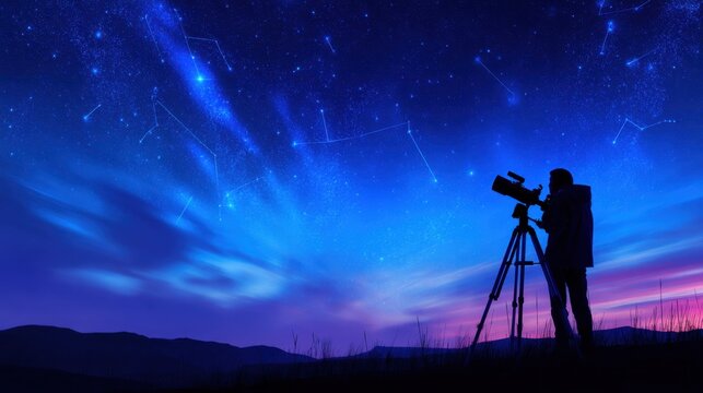 Silhouette of an astronomer observing the night sky filled with stars and constellations, serene landscape