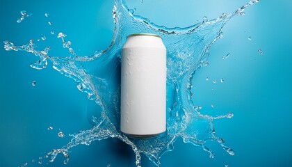 flat lay white plain soda can mockup on light blue background with water splashing concept for soda advertise