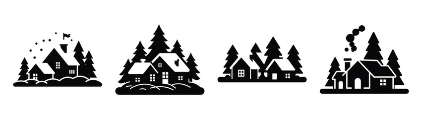 snowy village silhouette vector icons collection isolated on white background.Christmas Vector Icon Set.