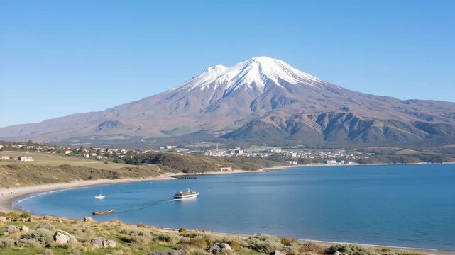 Snow-capped peaks of the rocky mountains are reflected in the mirror-like surface of the lake at dawn., shoreline view   - Powered by Adobe