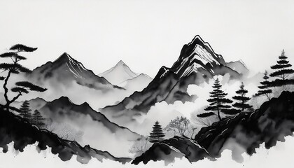 painting of mountains featuring trees and clouds rendered in black and white ink wash