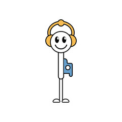 Simple Key Mascot Listening with Headphones Cute Vector Art