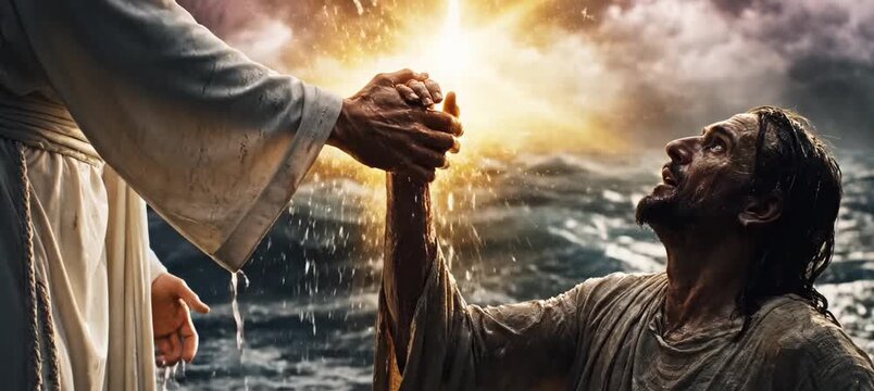 Image depicting a divine hand reaching down to assist a person in distress amidst a storm.