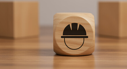 Wooden cube with black hard hat icon on table block