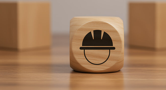 Wooden cube with black hard hat icon on table block