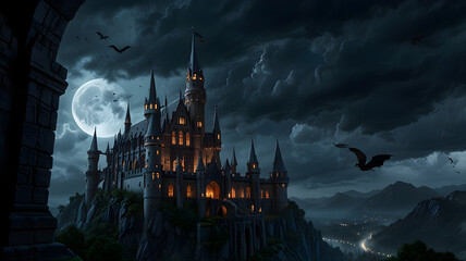 A massive, scarry castle standing tall on a hill beneath a glowing full moon and a dark, mysterious sky.