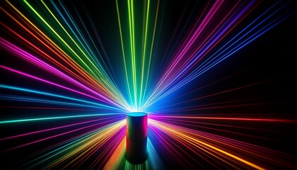 a cylindrical object illuminated by vibrant radiating laser beams of diverse colors creates a dynamic captivating visual display against a stark black backdrop