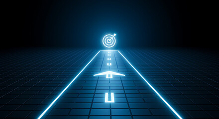 Neon blue path leading to glowing target symbol abstract