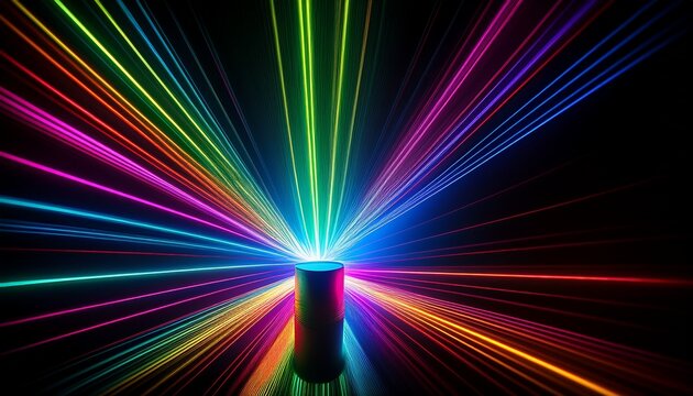 a cylindrical object illuminated by vibrant radiating laser beams of diverse colors creates a dynamic captivating visual display against a stark black backdrop