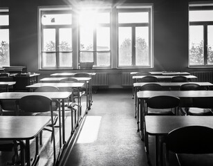 black and white photo of classroom desks and sunlight