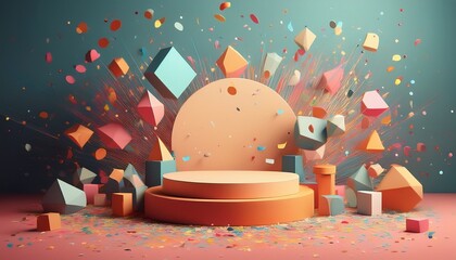 pastel geometric shapes explode around a light orange pedestal celebration podium with confetti in various colors and geometric shapes promoting a joyous event