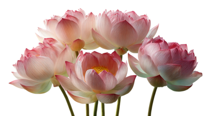 Five pink and white lotus flowers on a white background isolated on a transparent background