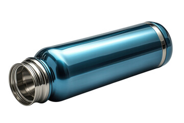 Sleek blue stainless steel water bottle with silver accents on a black studio background on transparent background